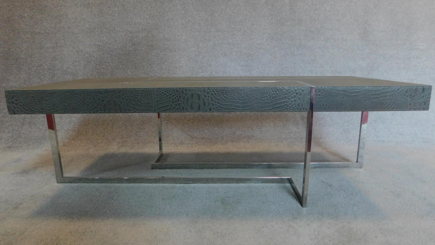A Roche Bobois contemporary coffee table with faux grey crocodile skin cladding, raised on chrome - Image 2 of 5