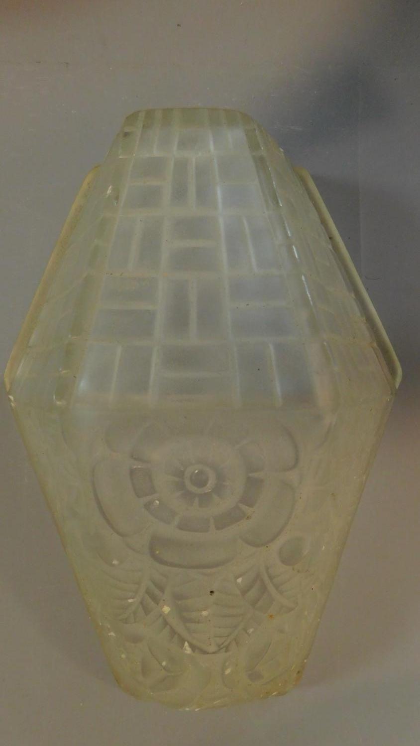 A set of four Art Deco frosted glass light shades and a similar torch style shade. H.25 W.18 D.9cm - Image 3 of 4