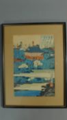 A 19th century Japanese coloured wood block print of a town square, signed, 35 x 23cm