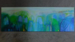 A very large mixed media work on canvas, "Between two Shores" Gabrielle Reith. 80x244cm