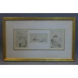 19th century British school, Three Grand Tour sketches, pen on paper, framed 13 x 30 cm (overall)