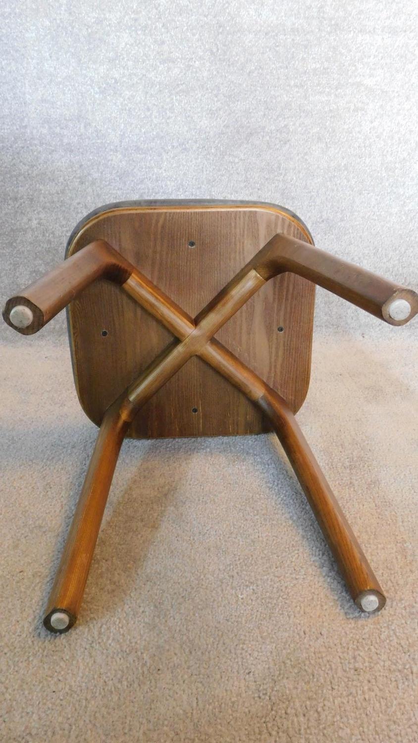 A pair of vintage 1970's ash stools upholstered in buttoned charcoal leather. 47x37x37cm - Image 4 of 5