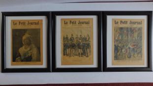 A set of 3 framed and glazed prints, le petite journal. 48x58cm.