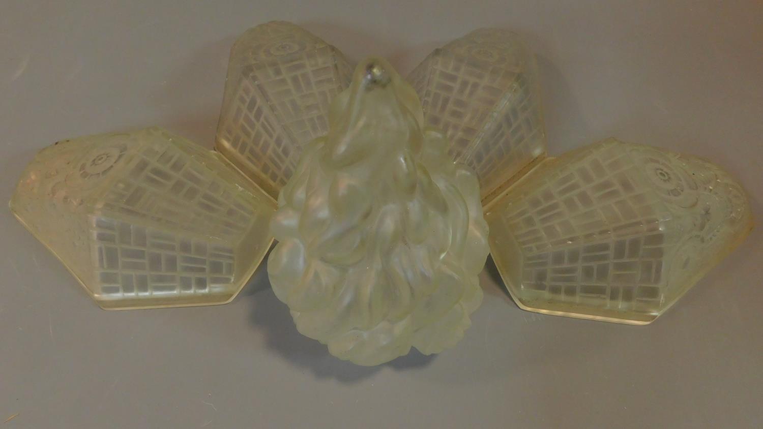 A set of four Art Deco frosted glass light shades and a similar torch style shade. H.25 W.18 D.9cm - Image 2 of 4