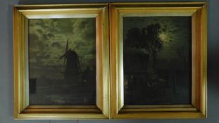 A pair of 19th century Dutch oils on board, windmill scene and stable scene, set in gilt frames,