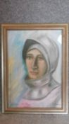 A 20th century oil on board, portrait of a lady wearing a head scarf, signed, 50 x 34cm