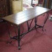 A French wrought iron console table with mahogany top, H.78 W.154 D.55cm