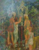 A large framed oil on canvas, group scene, signed and dated. H.123 W.103cm