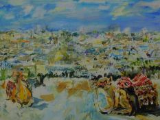 Jacquie Turner (American), 'Jerusalem with Two Camels', mixed media, signed and dated '97 to lower