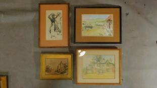 Three various watercolours and a pen and ink sketch, each glazed and framed. H.29 W.37