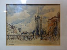 A watercolour of a street market with church to background, signed lower left, framed and glazed, 24