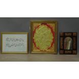 A Middle Eastern gilt inscription in Khatam inlaid frame, together with a framed inscription, and