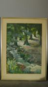 A framed and glazed oil on paper, stream in woodlands, indistinctly signed. 70x52cm