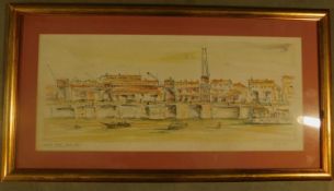 A framed and glazed pen and ink wash, London Wharf circa 1935, signed A Sinclair. H.35 W.65cm