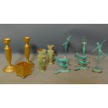 A pair of Eastern gilt candlesticks (H.22cm) and a miscellaneous collection to include dancing