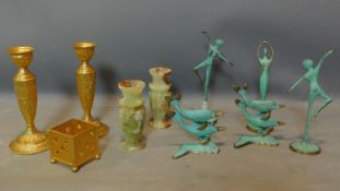 A pair of Eastern gilt candlesticks (H.22cm) and a miscellaneous collection to include dancing