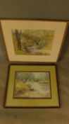 Two framed and glazed watercolours, woodland streams. H.42 W.52cm