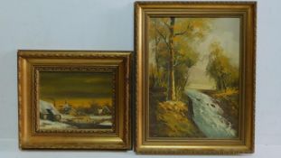 Two gilt framed oils on canvas, country scenes. 34x39cm.