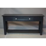 A contemporary black painted console table with drawer, H.76 W.150 D.39cm