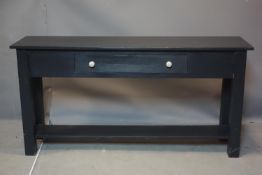 A contemporary black painted console table with drawer, H.76 W.150 D.39cm