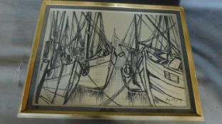 A framed and glazed pen drawing of boats at harbour. indistinctly signed. 57x76cm