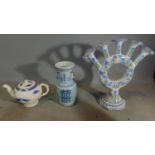 A Chinese blue and white vase. a teapot and a majolica 5 stem spill vase. H.37 (tallest)