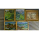 A set of 4 gilt framed oils on board of African scenes, signed Sylvia Halliday and a framed