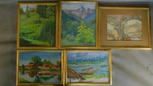 A set of 4 gilt framed oils on board of African scenes, signed Sylvia Halliday and a framed