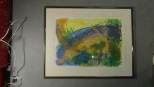 A framed and glazed watercolour, abstract composition, indistinctly signed. H.78 W.61.5