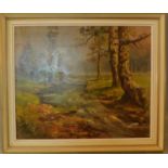 A framed oil on canvas, river in woodland, signed. H.60 W.69cm