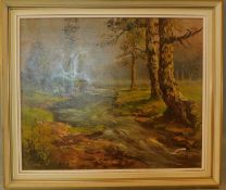 A framed oil on canvas, river in woodland, signed. H.60 W.69cm