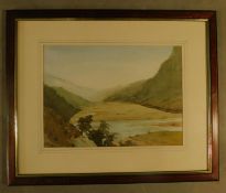 A framed and glazed watercolour, Glen Nevis, monogrammed, label to verso. H.46 W.55cm