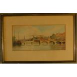 A framed and glazed watercolour of a Dutch canal scene, indistinctly signed. H.32 W.49cm