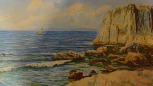 An unframed oil on canvas, rocky shoreline. 55x38cm