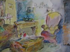 R. Howity, Living Room, pastel and watercolour, signed, 30 x 28cm