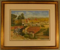 A framed and glazed oil on canvas, naive style rural scene, signed. H.55 W.66cm