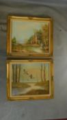 A pair of 1970's vintage gilt framed oils on canvas, country scenes. H.65 W.75