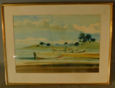 A large framed and glazed watercolour, lakescape, signed. H.62 W.82cm