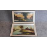 A pair of vintage framed oil paintings, rural scenery by a lake. Indistinctly signed. 50x90cm (