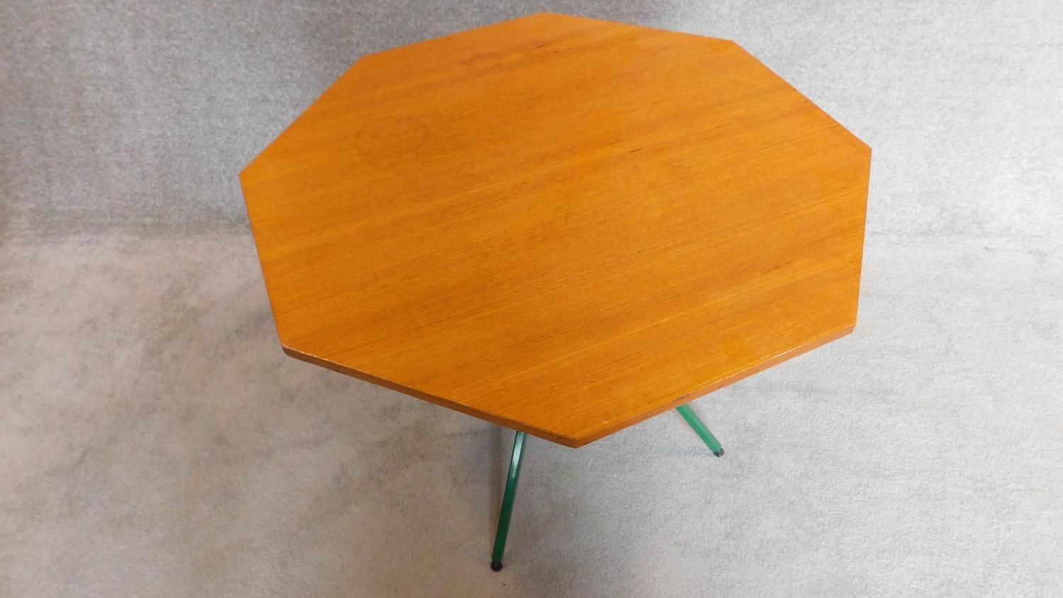 A mid 20th century teak octagonal topped two tier centre table on a green metal frame. H.70 W.92cm - Image 2 of 3