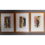 A set of three framed and glazed mixed media artworks, abstract paper and textile collages. Signed