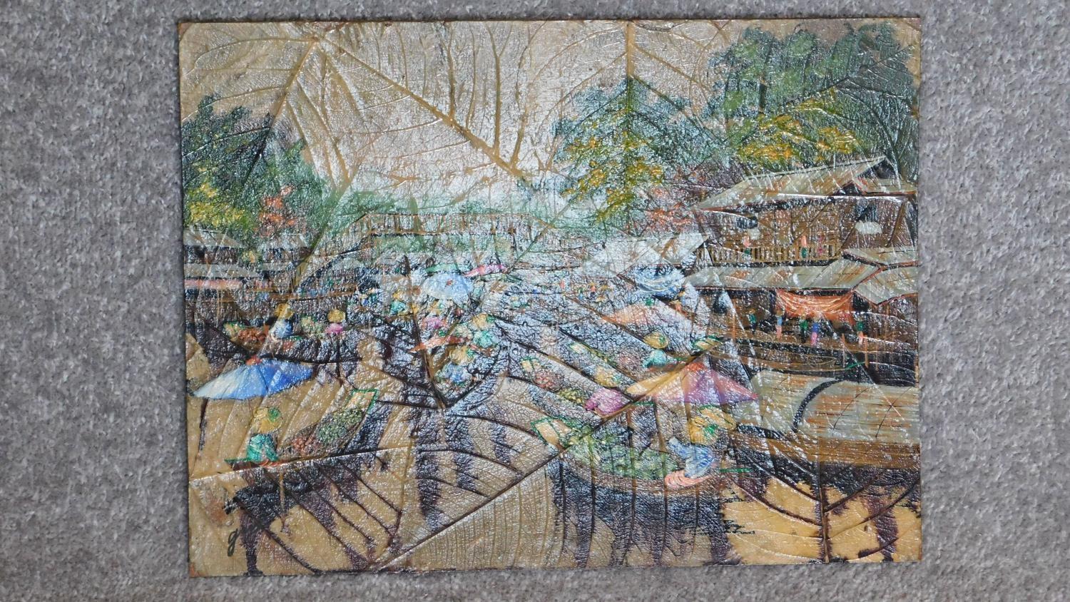 An oil painting on panel overlaid by tobacco leaves depicting a trading post on a lake. 30x40cm - Image 2 of 3
