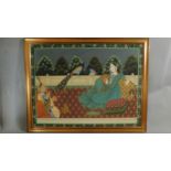 A large 20th century Indian gouache on silk, princess smoking a pipe, 64 x 84cm