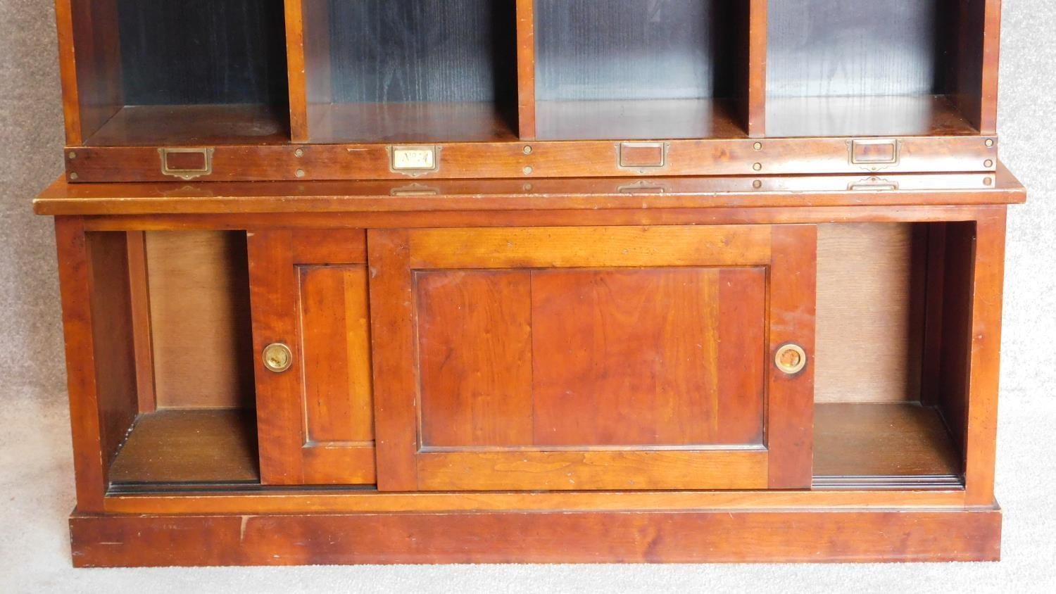 A mahogany two section estate cupboard fitted pigeon holes and stationery sections, makers label - Image 2 of 4