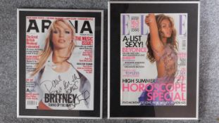 Two framed magazine covers, Beyonce and Britney Spears, each signed. 38x29cm