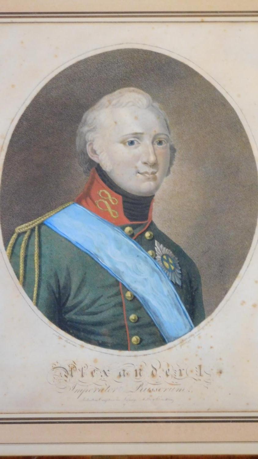 A late 18th/early 19th century hand coloured engraving of Alexander I, set in mahogany frame, 45 x - Image 2 of 4