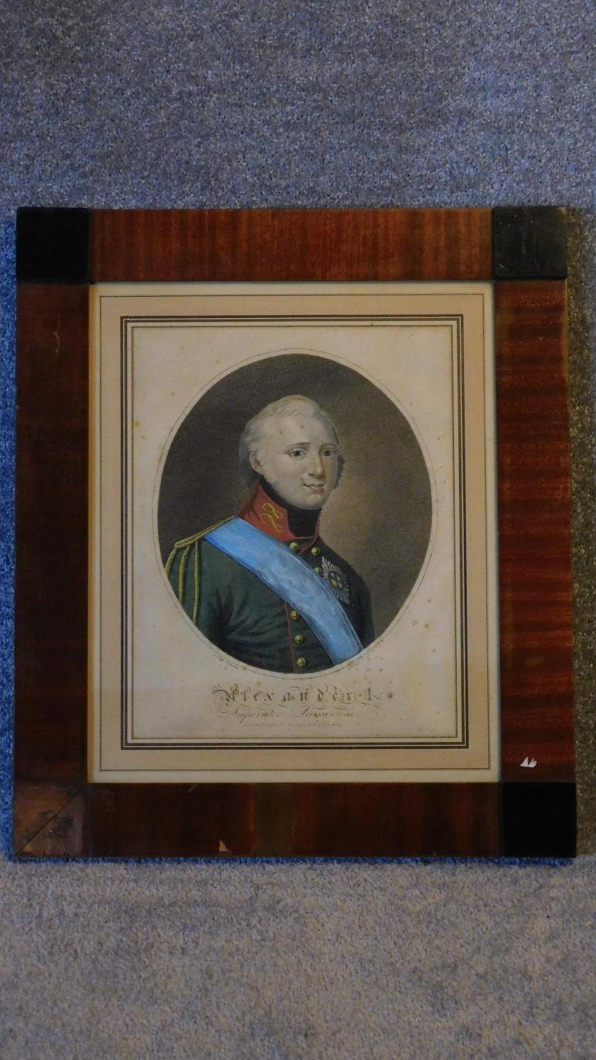 A late 18th/early 19th century hand coloured engraving of Alexander I, set in mahogany frame, 45 x