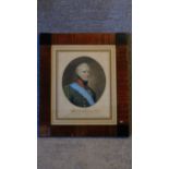 A late 18th/early 19th century hand coloured engraving of Alexander I, set in mahogany frame, 45 x