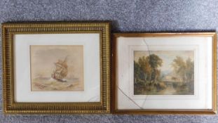 A 19th century gilt framed watercolour of a ship at sea and a similar landscape. 59x59cm (both