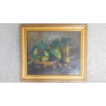 A framed oil on board, still life painting of a basket of fruits, signed by Szada. 55x64cm